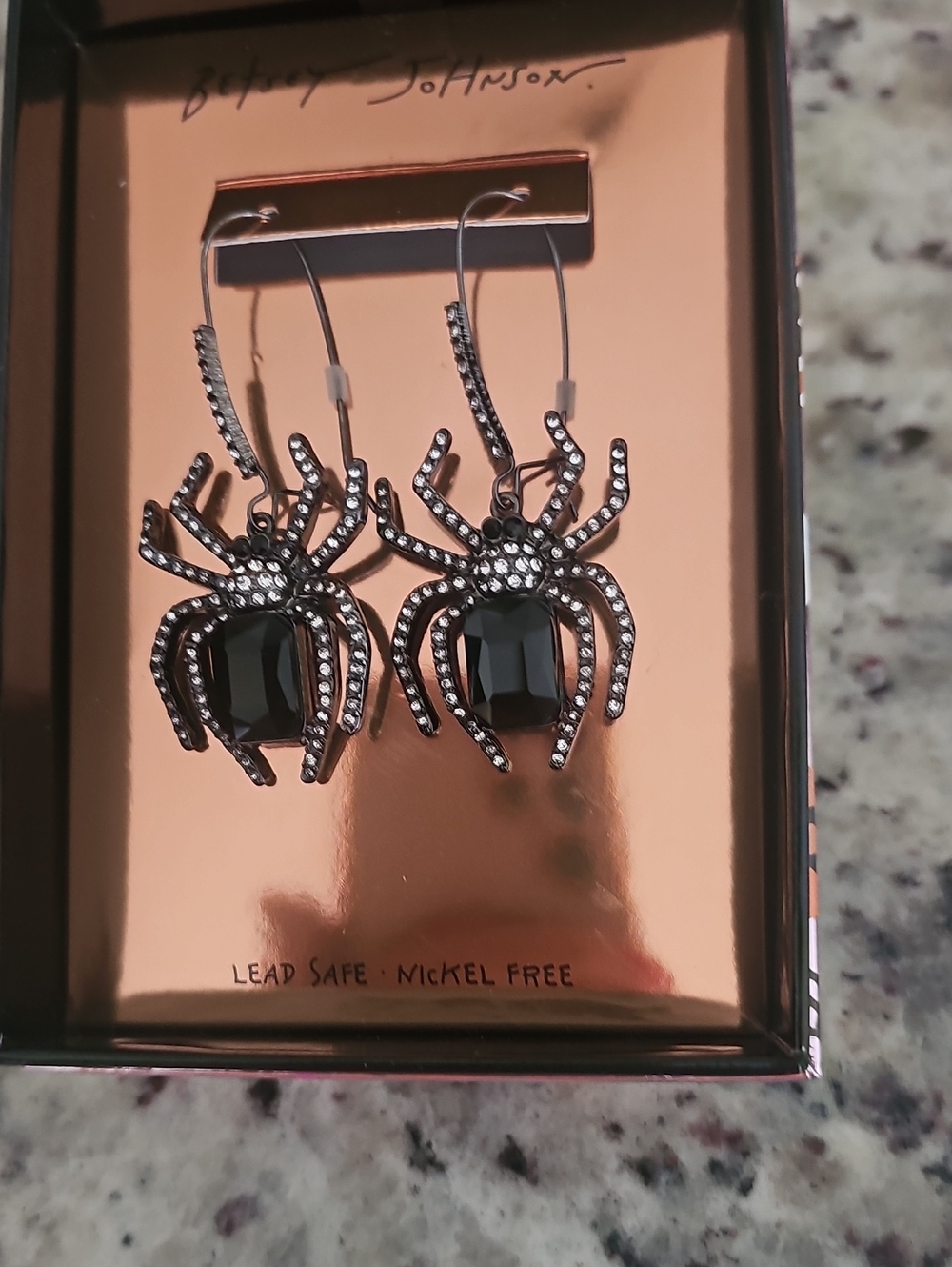 Betsey Johnson Black Crystal Spider Drop Earrings